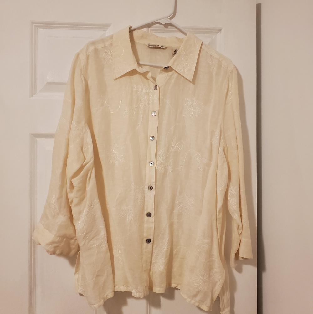 French Laundry Embroidered Silk Linen Off White Cream 3/4 Sleeve Button Up  2XL